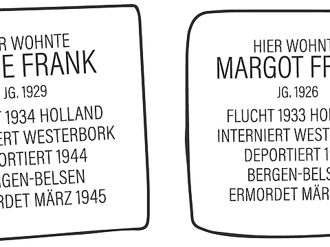 Illustration von zwei Stolpersteinen für Anne und Margot Frank, auf denen ihre Geburts- und Todesdaten sowie das Datum der Deportation stehen.