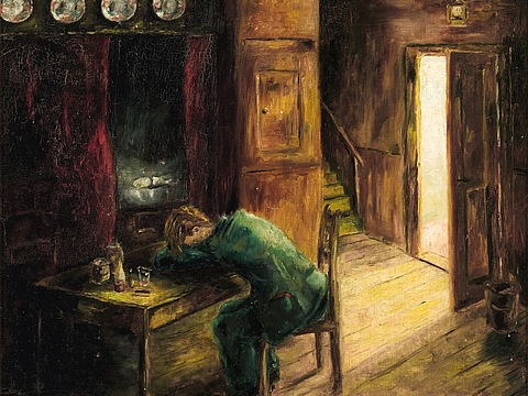 Ein Gemälde zeigt einen Jungen, der in einem schwach beleuchteten Raum an einem Tisch sitzt. Sein Kopf ruht auf seinen Armen, die er auf dem Tisch verschränkt hat.